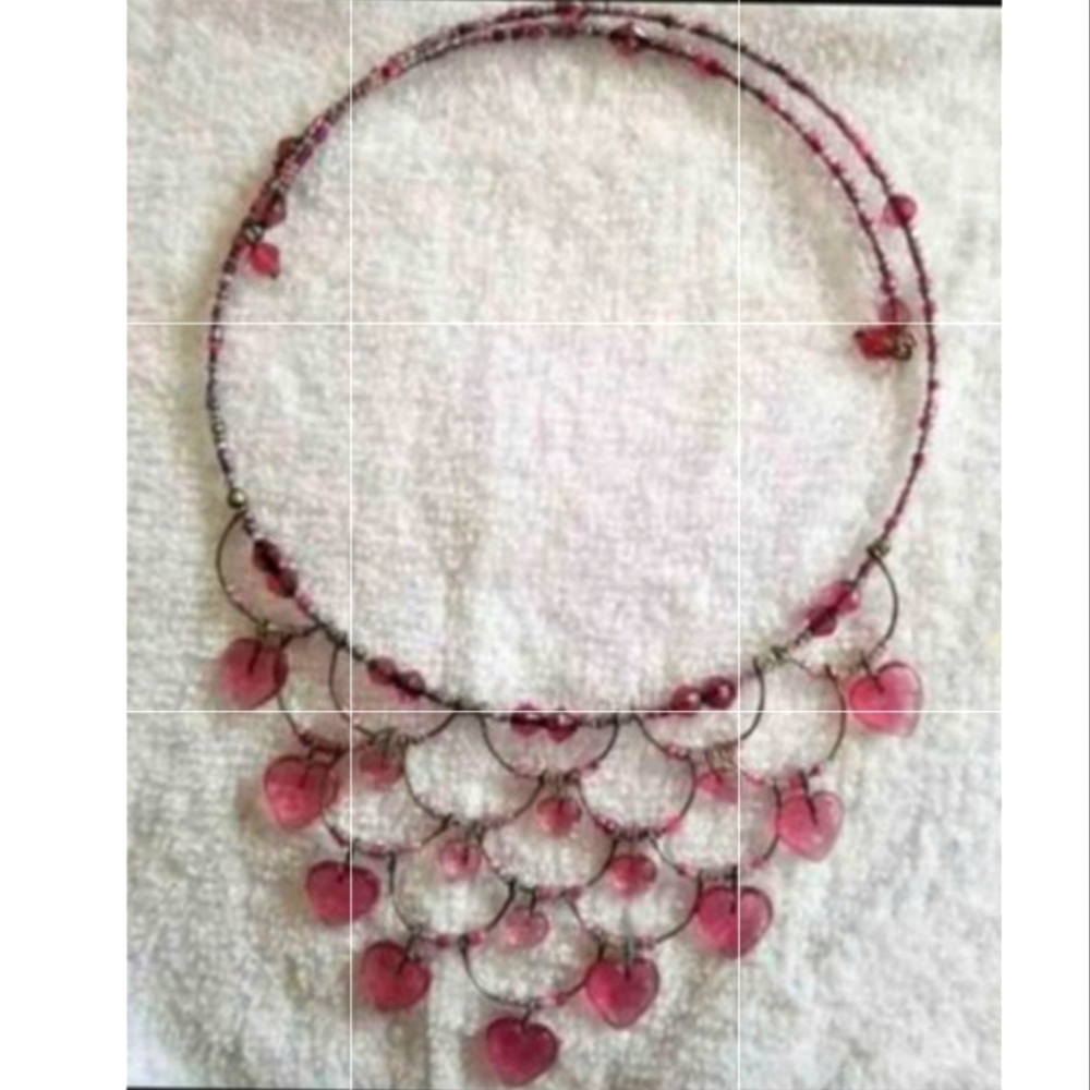 Beautiful hand made pink bead hearts layered bib necklace